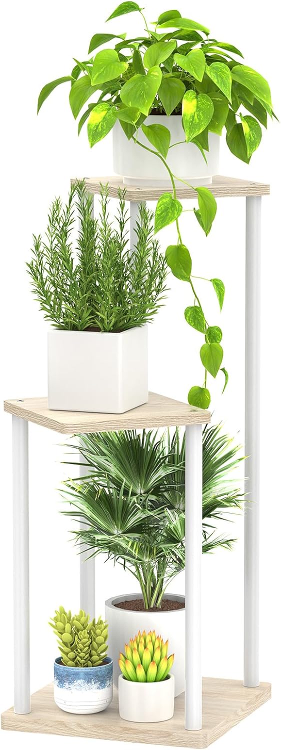 3 Tier Plant Stand Indoor Outdoor, Metal Wood Tiered Corner Plant Stands Pot Holder, Wood Flower Shelf Orchid Display Rack for Living Room Bedroom Balcony Garden Patio, Modern White