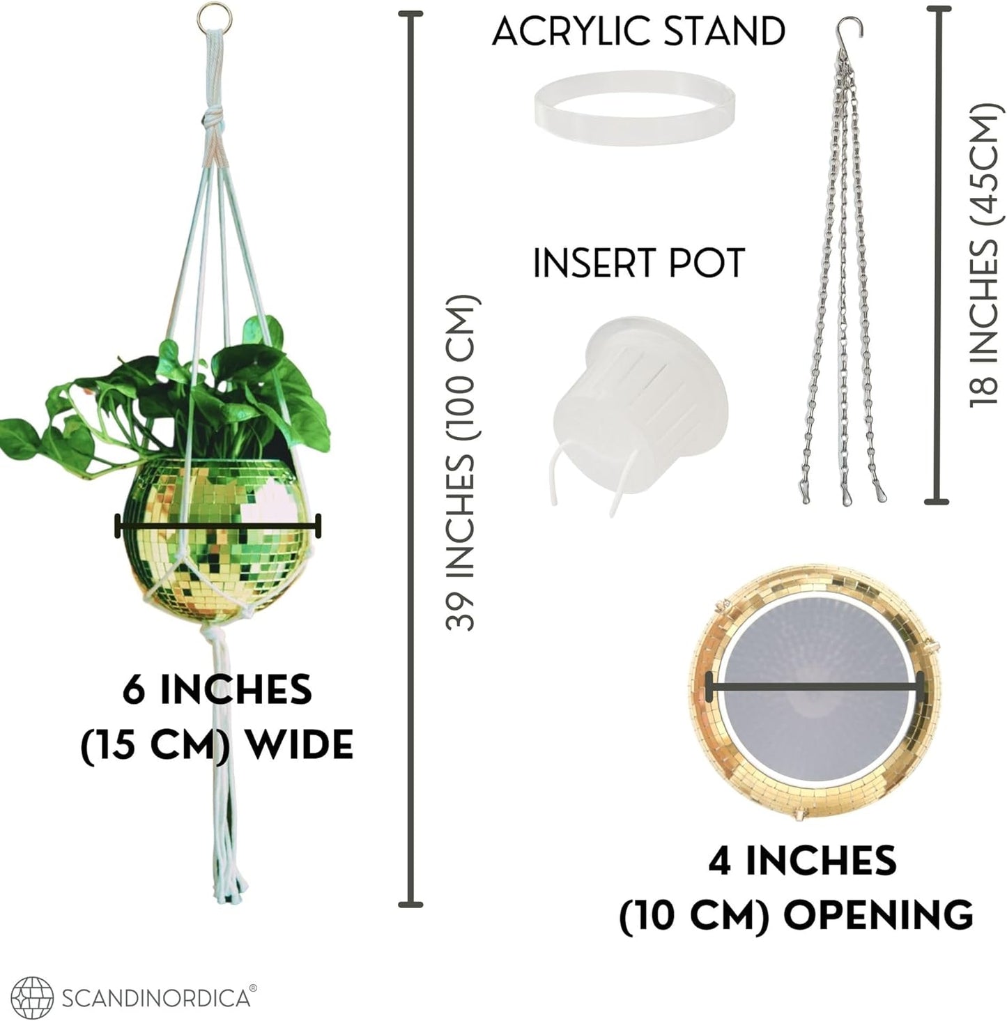 SCANDINORDICA Disco Ball Planter – Value Package: Mirror Disco Planter with Chain, Macrame Hanger and Acrylic Stand for Desk, Includes Self Watering Insert, Retro Decor | 6 inch Gold
