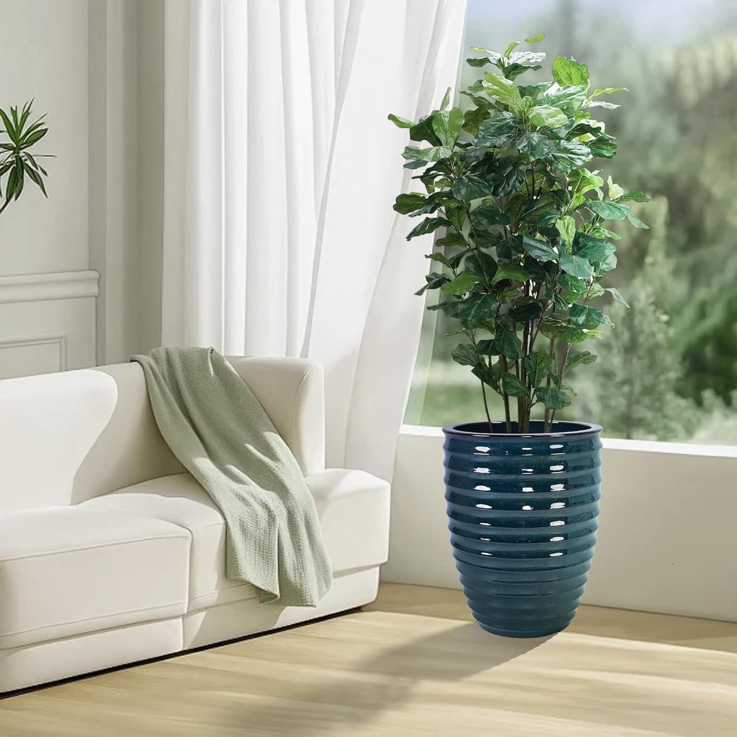 Large Ceramic Planter Pot 21 Inch, Tall Plante Pots Decorative Flower Pot with Ribbed Textured Pattern and Drainage for Indoor Outdoor Plants (Dark Green)