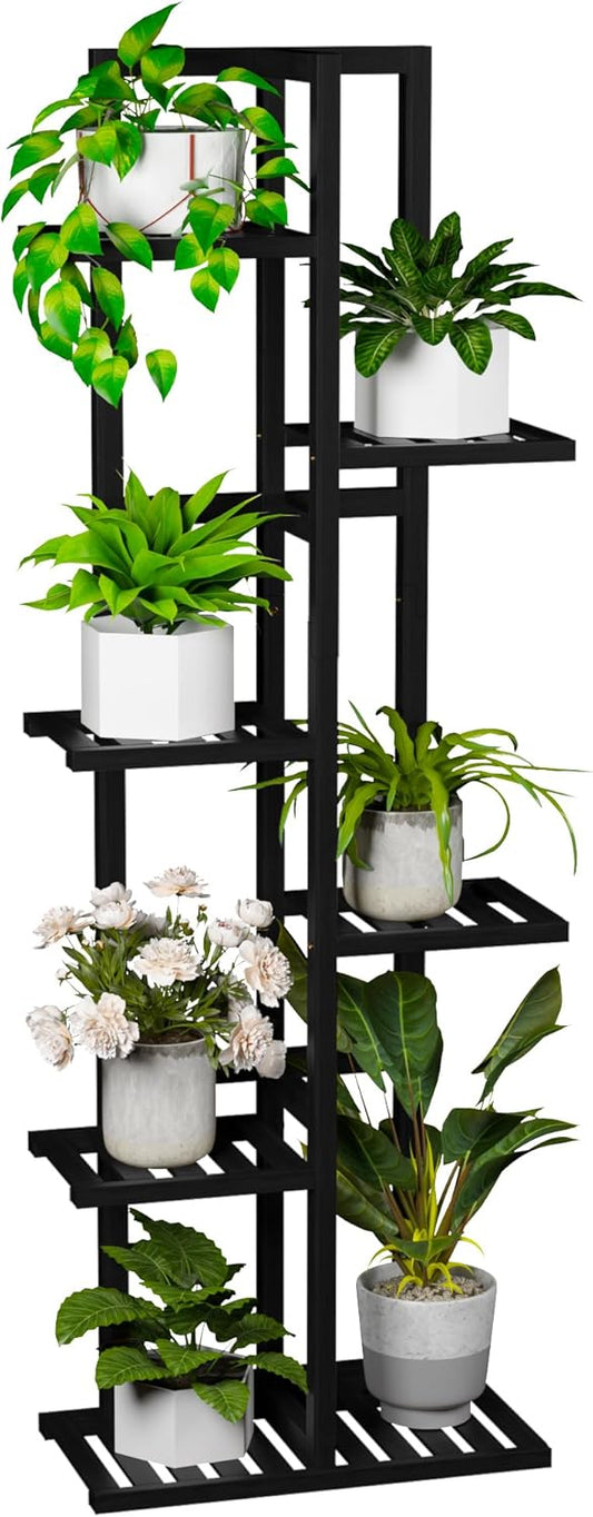 6 Tier Bamboo Plant Stand Indoor, Wood Tall Flower Holder Corner Tiered Plant Shelf for Multiple Plants (Black)