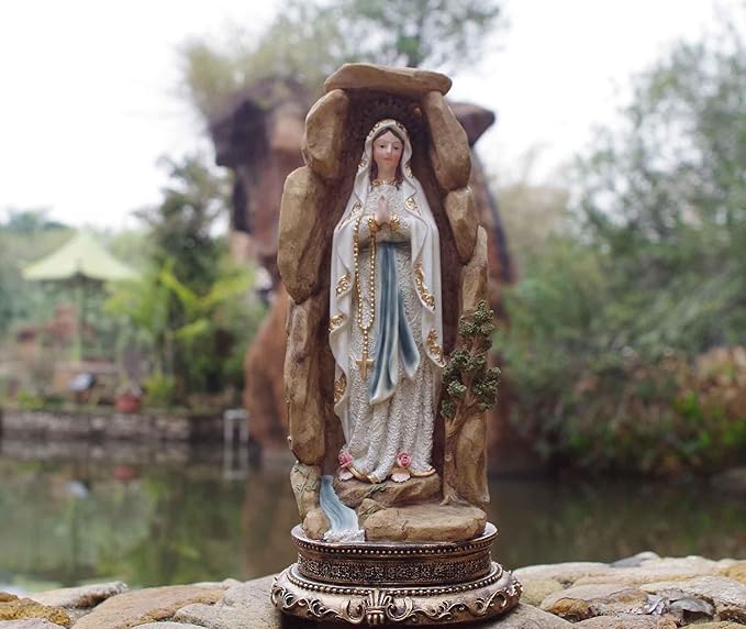 MeritMode Virgin Mary Collectible Figurines - Our Lady of Lourdes in Grotto Design, Handcrafted Resin Religious Gifts Decor for All Faiths, 12.5" H