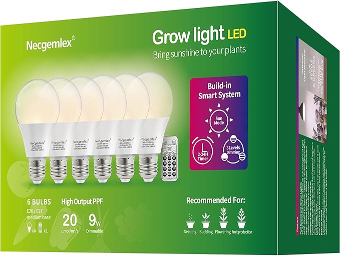 Smart LED Grow Light Bulbs with Remote Controller, Sun Simulation Mode, Built-in Auto Timer, A21/A70 E26/E27 9W Dimmable Full Spectrum Intelligent Plant Grow Bulbs for Indoor Plants, 6 Pack