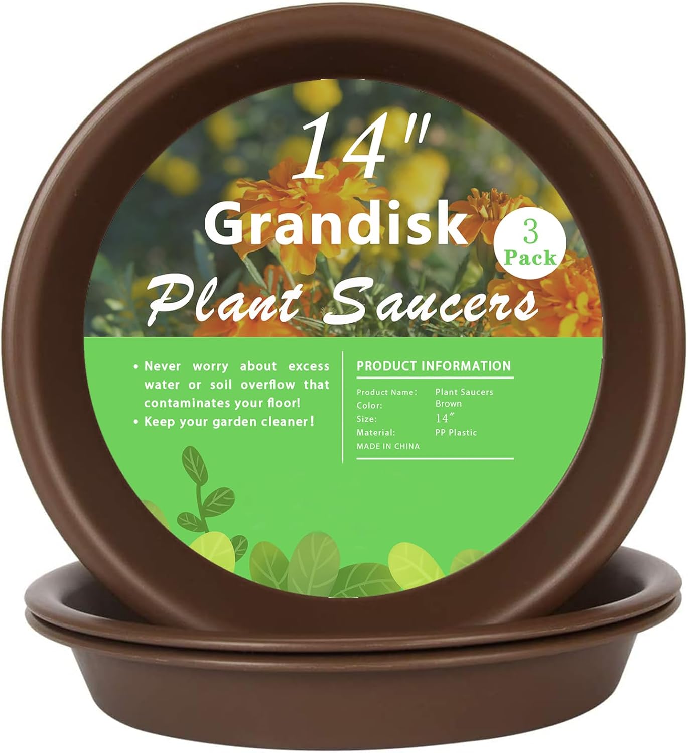 Plant Saucer 14 inch, Heavy Large Planter Durable Thicker Plastic Plant Trays for Indoors and Outdoor, Plant Saucer Drip Trays,Brown (14" - 3 Pack)
