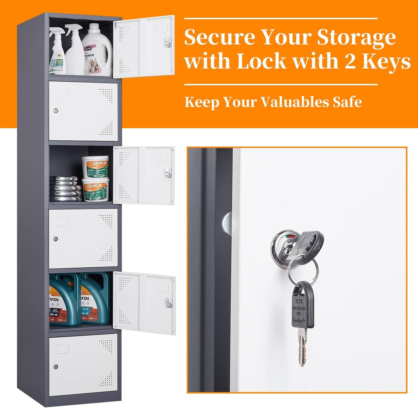 Metal Locker with 6 Doors, 71" Lockers for Employees Steel Storage Locker, Lockable Locker Cabinet for School, Gym, Home Office and Garage（Grey White）