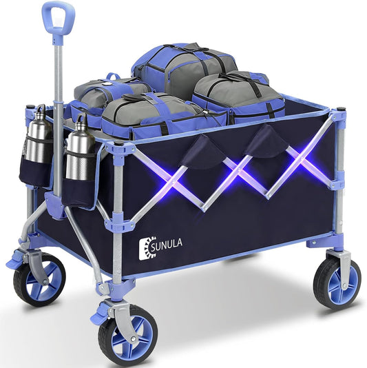Collapsible Foldable Wagon Cart with 330lbs Weight Capacity, Heavy Duty Folding Wagon Cart with Big All-Terrain Wheels & Drink Holders. Blue