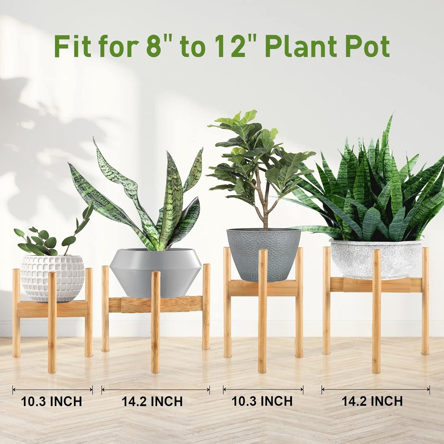 FJO 2Pcs Adjustable Plant Stand Indoor - Bamboo Plant Stands, Bamboo Mid Century Modern Plants Stands, Plant Holder for Living Room Fits 8 to 12 Inches Pots(Pot & Plant Not Included) (Natural)