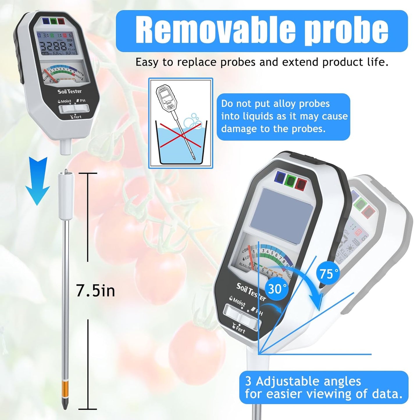 Soil Moisture Meter, 7-in-1 Soil PH Tester/Soil Moisture/Fertility with Removable Probe, Digital Air Temp/Humidity/Sunlight Intensity/BGR Spectral for Plants Gardening, Lawn and Indoor Outdoor Plants