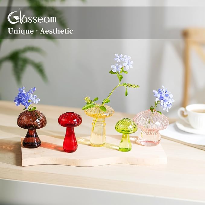 Glasseam Mushroom Planter Propagation Vase, Set of 10 Glass Terrariums for Plants, Cute Hydroponic Small Planter, Colored Propagate Station, Decorative Bud Vases for Flowers, Unique Gifts for Women