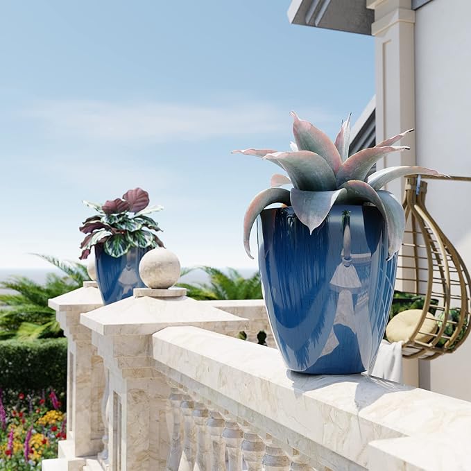 QCQHDU Plant Pots Set of 2 Pack,10 Inch Plant Pot for Indoor and Outdoor Plants with Drainage Hole,Flower Pots Modern Decorative Planter for Garden Plants (Blue)