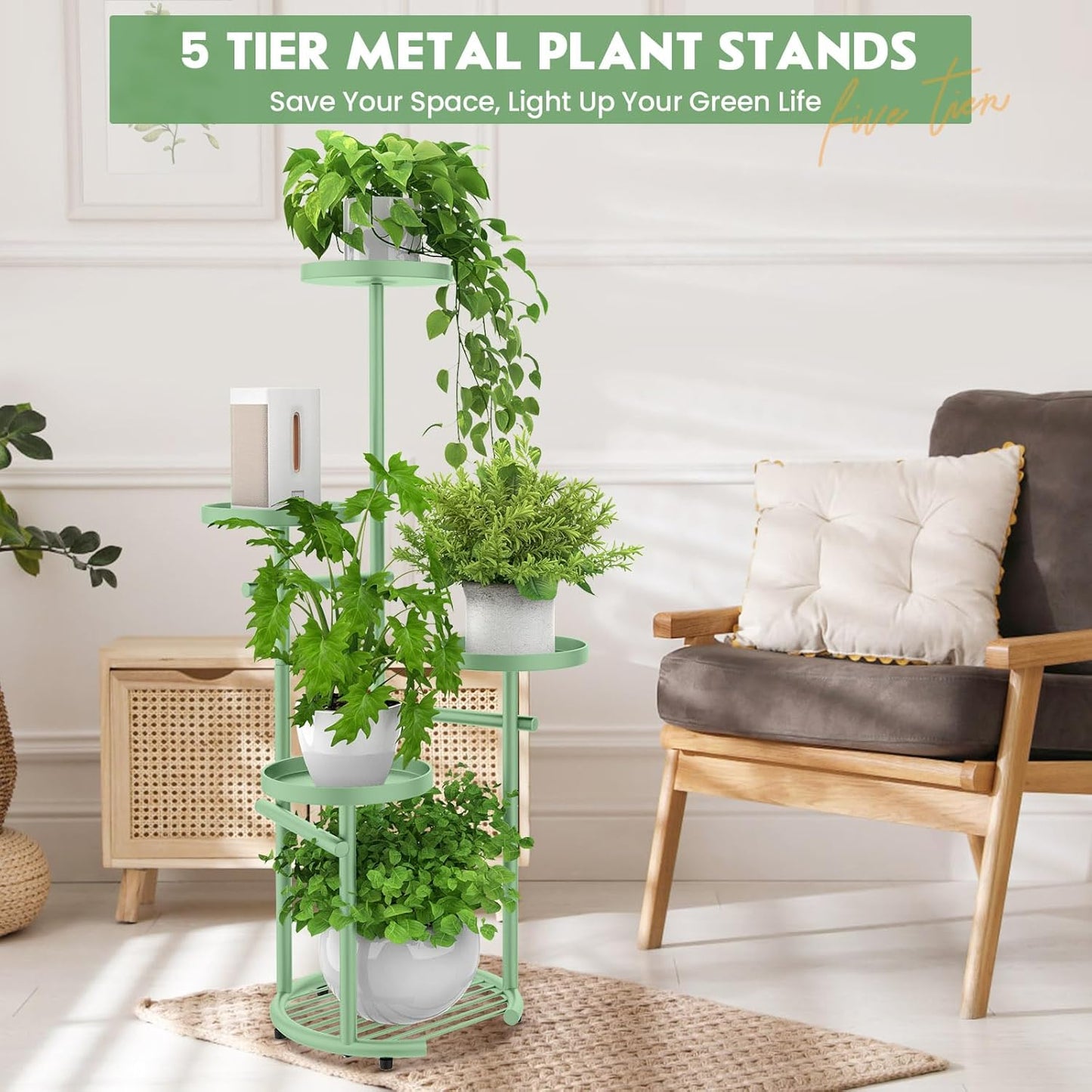 TOSKING 5 Tier Metal Plant Stand Indoor， Plant Shelf, Corner Shelf Flower Pot Stand for Outdoor Plant Stand for Living Room Balcony Garden Patio Bedroom (Green, 42in)