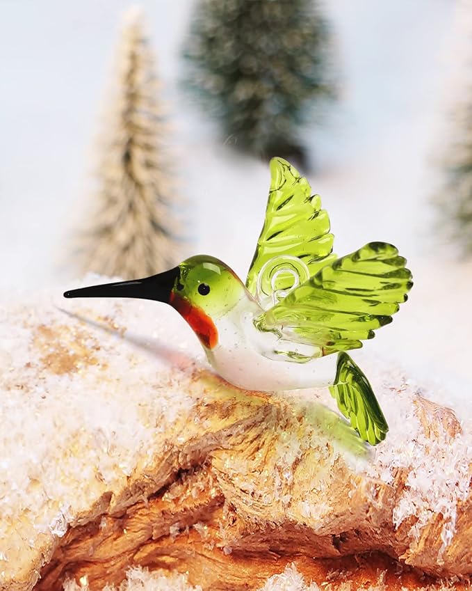Nefelibata Hummingbird Ornament Glass Green Figurine Crystal Hanging Bird Art Christmas Xmas Tree Suncatcher Window Decor Memorial Gift for Her Friend Bird Lover Set of 1 Party Home Decorations