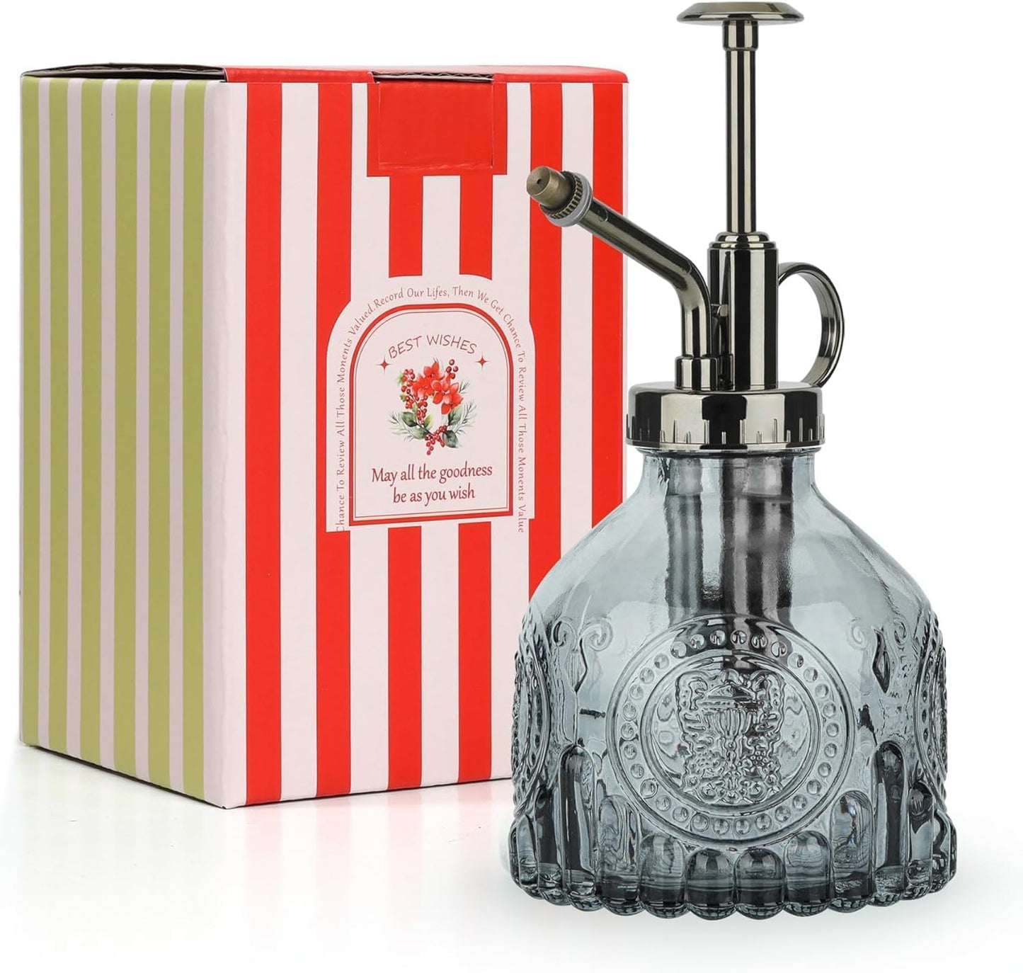 T4U Glass Plant Mister 200ML, Vintage Spray Bottle with Top Pump Fine Mist Garden Flower Sprayer Small Decorative Spritzer Watering Can Gift for Indoor Outdoor Succulent House Plant (Grey)