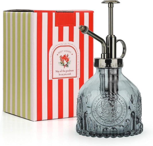 T4U Glass Plant Mister 200ML, Vintage Spray Bottle with Top Pump Fine Mist Garden Flower Sprayer Small Decorative Spritzer Watering Can Gift for Indoor Outdoor Succulent House Plant (Grey)