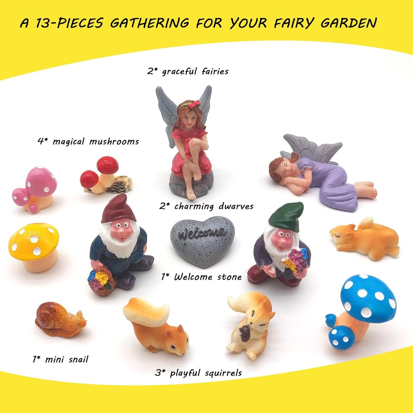 Fairy Garden Accessories Kit, 13PCS Little Fairies, Gnomes, Squirrels, Mushrooms Hand-Painted Resin Miniature Figurines Set for Outdoor/Indoor Fairy Garden, Plant Pot, Terrarium Decor