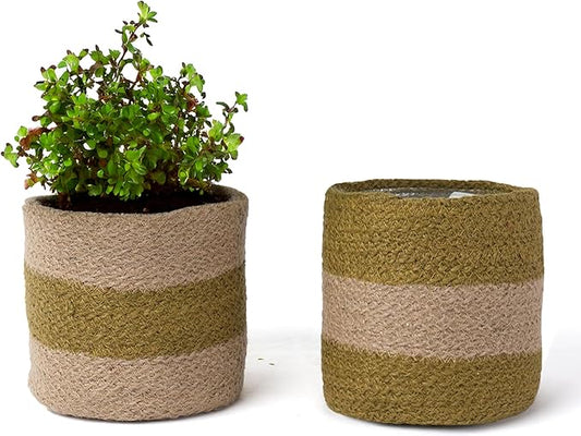Jute Planter Basket-Woven Jute Rope Covers for Decorating Indoor/Outdoor Succulents, Small Plant Pots-Set of 2-Multi-Purpose Storage Bins 4.5 Inches - Modern Style Décor - Olive & Natural
