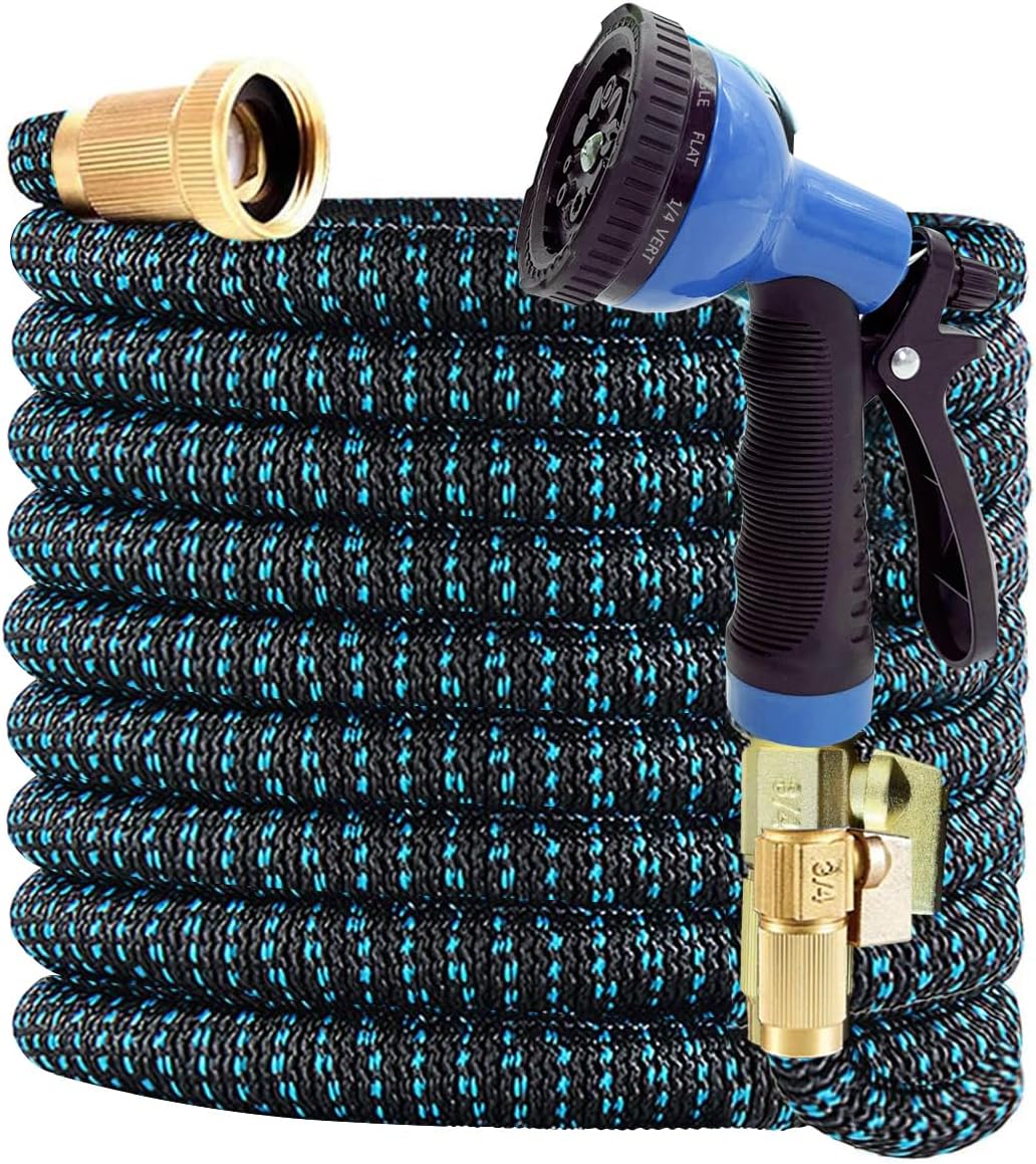 J&B XpandaHose 100ft Expandable Garden Hose with Holder - Heavy Duty Superior Strength 3750D - 4 -Layer Latex Core - Extra Strong Brass Connectors and 10 Spray Nozzle w/Storage Bag (Blue 100)