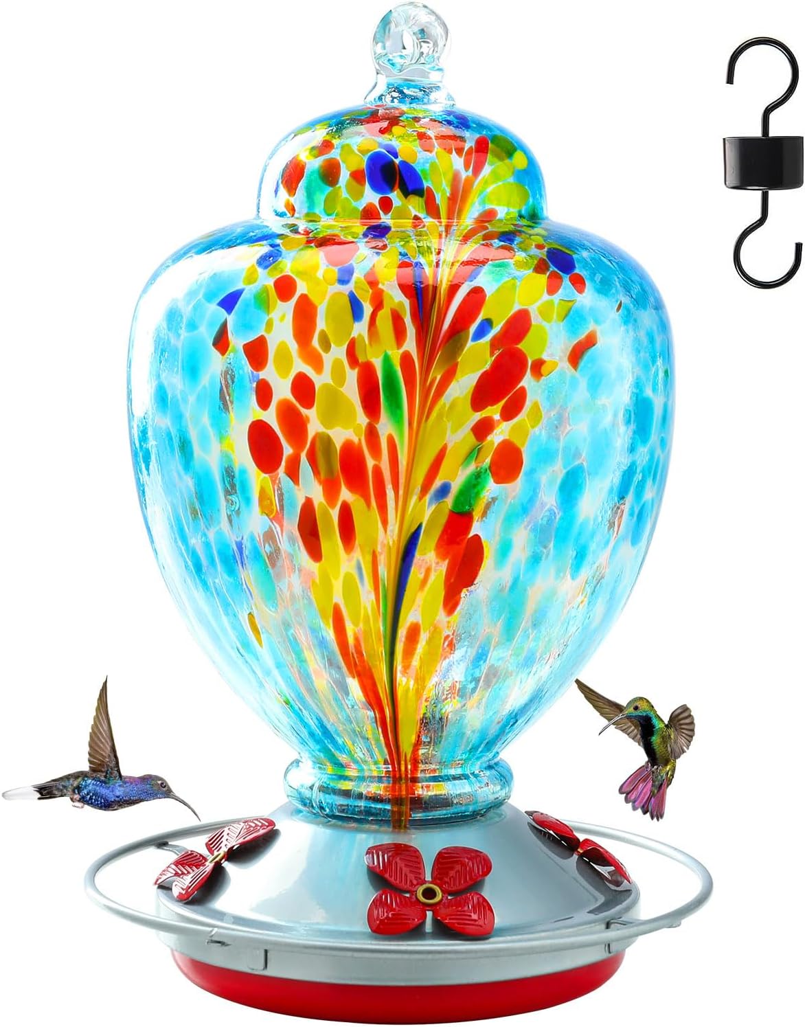 Yinns Glass Hummingbird Feeder for Outdoor Hanging Ant and Bee Proof, Hand Blown Glass Feeder with Ant Moat, Backyard Decoration, Garden Gifts for Women