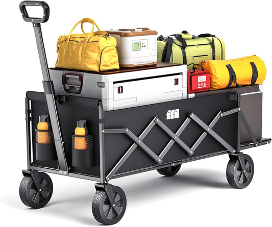 Collapsible Wagons Carts Foldable with Extended Tailgate, Folding Cart on Wheels, Portable Heavy Duty Shopping Carts for Groceries, Apartment, Garden, Camping, Fishing, Outdoor (Black)