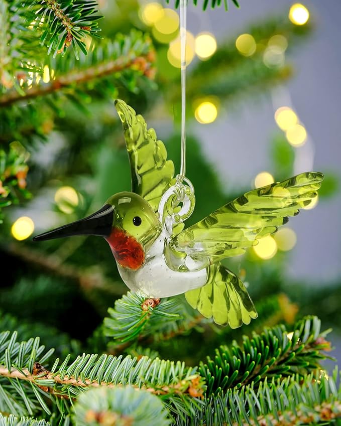 Nefelibata Hummingbird Ornament Glass Green Figurine Crystal Hanging Bird Art Christmas Xmas Tree Suncatcher Window Decor Memorial Gift for Her Friend Bird Lover Set of 1 Party Home Decorations