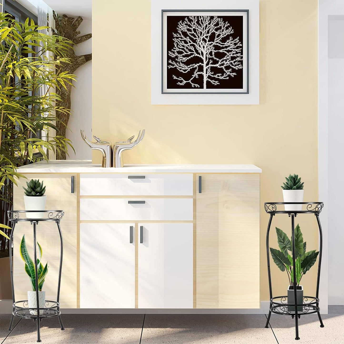 2-Pack Plant Stand Indoor Outdoor,Tall Black Metal Rustproof Stable Plant Stands,2 Tier 27.1 inch Multiple Plant Rack for Planter Corner Garden Living Room & Garden