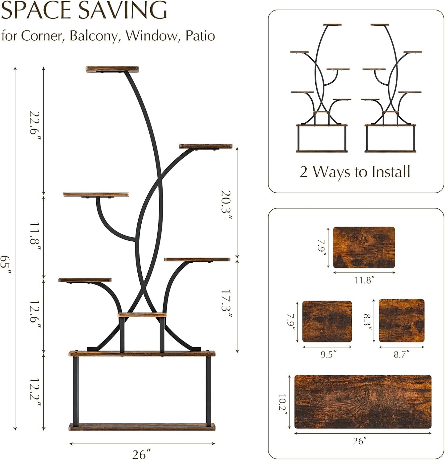 Plant Stand Indoor, 8 Tiered Indoor Plant Shelf, 65" Tall Plant Stand with Grow Light, Corner Flower Stand S-Shaped Metal Holder Reversible Installation, Plant Rack for Home Patio Black
