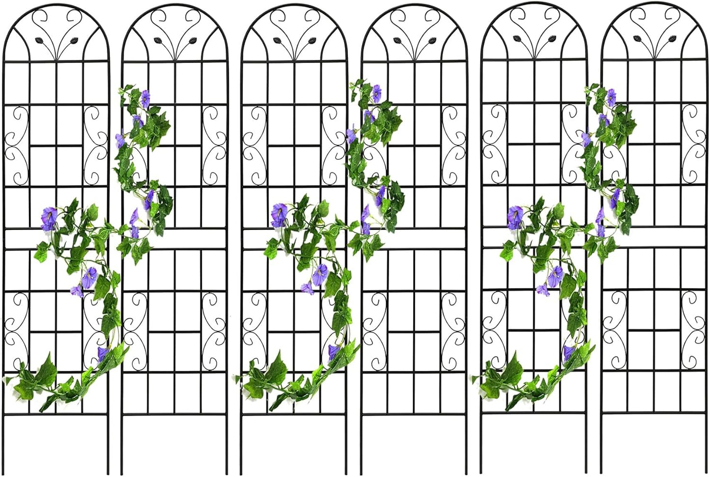 6 Pack Metal Garden Trellis for Climbing Plants, 86.7" Tall Rustproof Outdoor Trellis Panel with Vine Lines Design, Decorative Black Iron Plant Support for Vine, Rose, Flower, Garden Wall