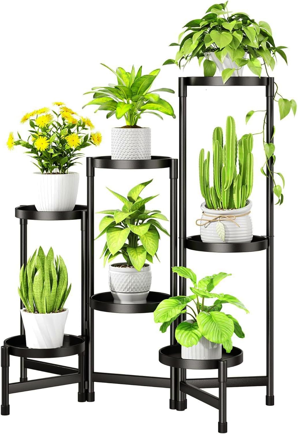 7 Tier Metal Plant Stand Indoor, Foldable Corner Plant Stands Outdoor, Rotatable Tiered Plant Stand, 32 Inch Tall Plant Shelf for Patio Living Room Balcony Garden Home - Black