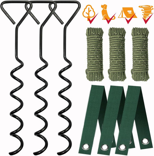 Tree Stake Kits, Tree Stakes and Supports Kits for Hurricane Protection & Bad Weather, Include 3 PCS 15.7" Heavy Duty Spiral Steel Tree Stakes, 3 PCS 15.8" Tree Straps and 3PCS 16.4FT Rope