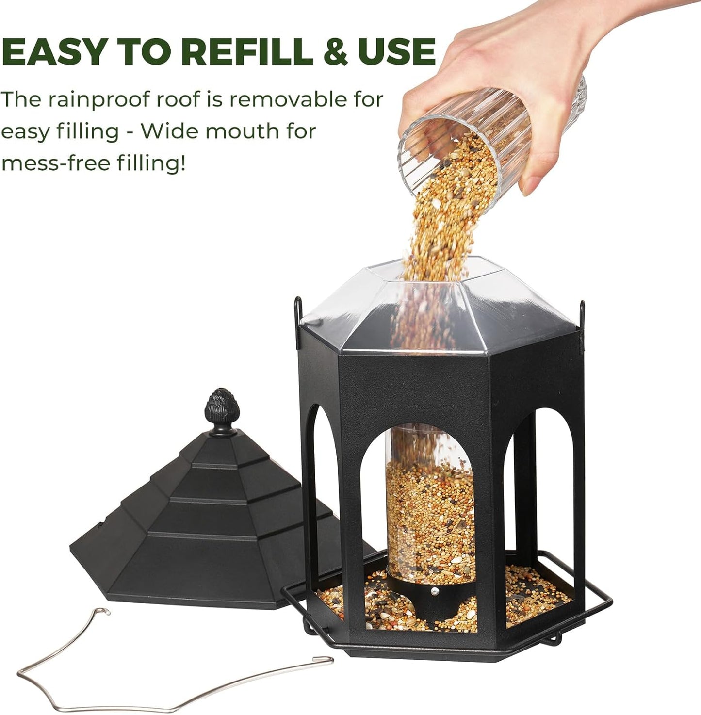 Kingsyard Metal Bird Feeder for Outdoors Hanging, 3 lbs Seed Feeder, Wild Bird Feeders for Garden Cardinal Finch Bluebird, Easy to Fill & Clean, Black
