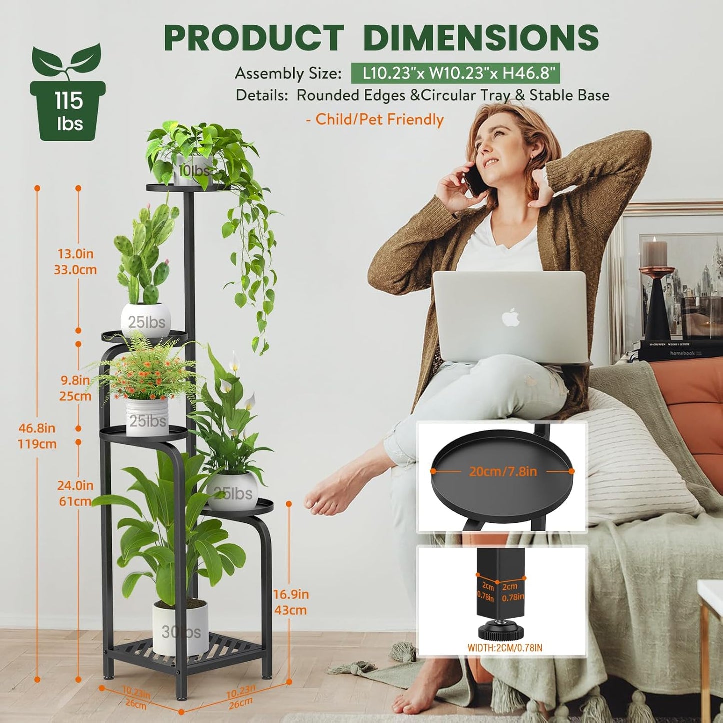 TOSKING 5 Tier Tall Plant Stand Indoor Outdoor, Heavy Duty Corner Shelf for Plants & Decor, Space Saving 3.9FT Metal Flower Pot Stand for Balcony, Garden, Living Room, Patio (Black, 47in)