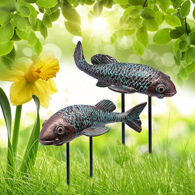 Garden Sculptures & Statues,Koi Fish Decor,Garden Fish Art,Set of 2 Antique Koi Fish Yard Art Decor for Outdoors,Patio,Yard,Lawn,Pond,Home Decoration (Bronz)