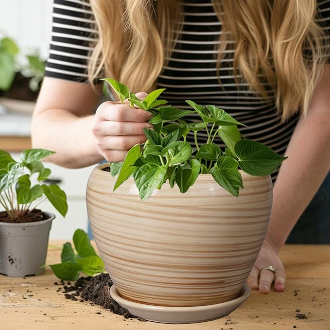 Planter Pot 8 Inch - Ceramic Pot for Plants Indoor Plant Pot with Drainage Hole and Saucer Round Planter Outdoor Modern Flower Pot Succulent Pot for House Patio Yellow