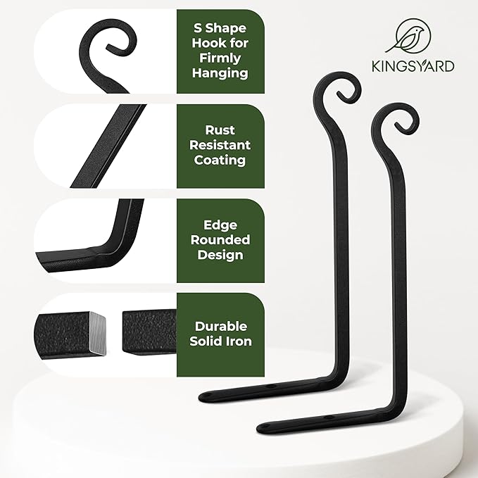 Kingsyard 2-Pack Wall Plant Hanger Outdoor - Heavy Duty Metal Hanging Bracket Hooks for Hanging Plant Bird Feeders Lanterns Wind Chimes Outdoor & Indoor, 15-Inch/Black