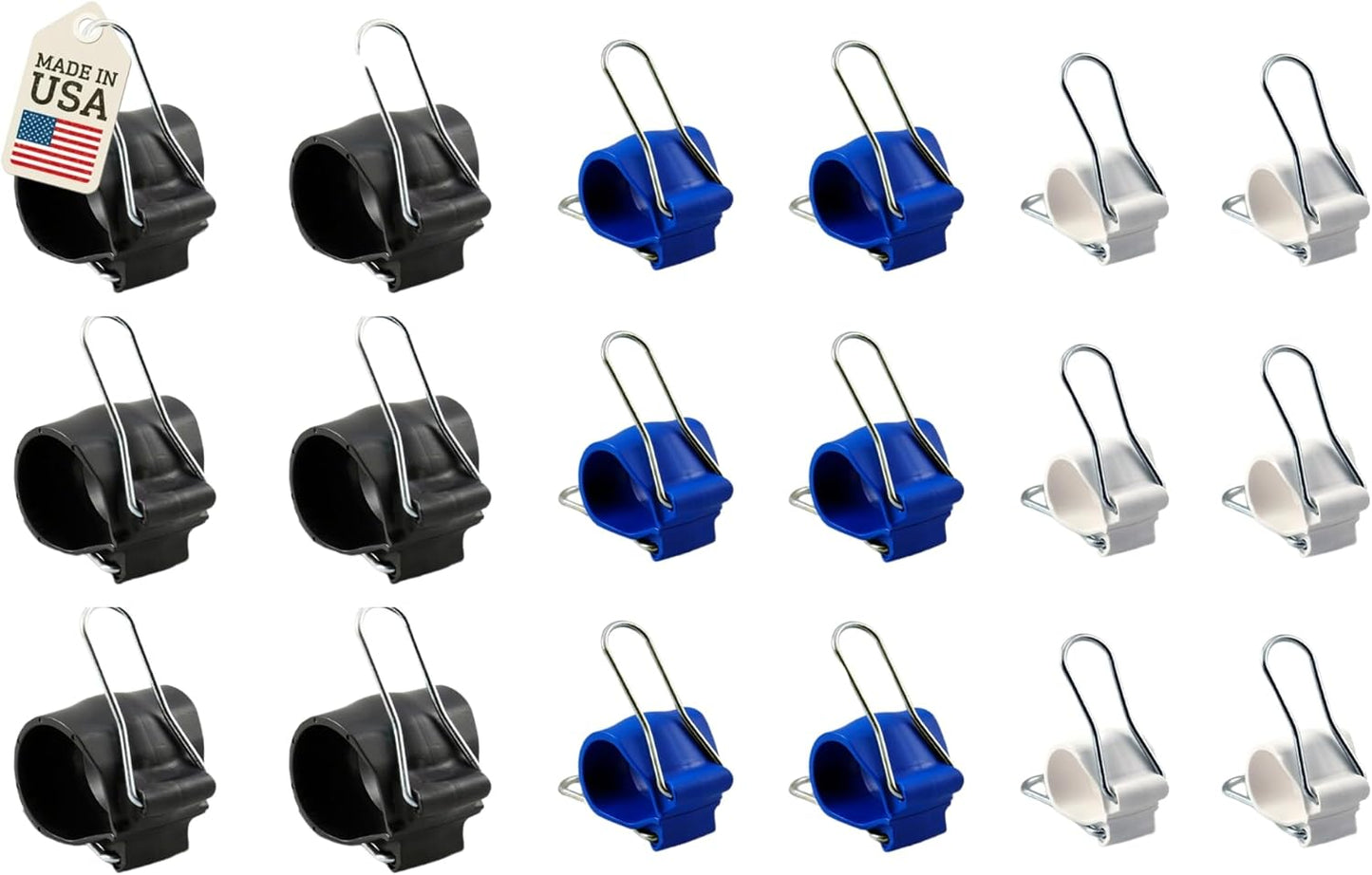 Cable Management Clips: Versatile Reusable Cord Holders for Christmas Lights, Holiday Decor, and Outdoor String Lights - 18 Pack (6 Small White, 6 Medium Blue, 6 Large Black)