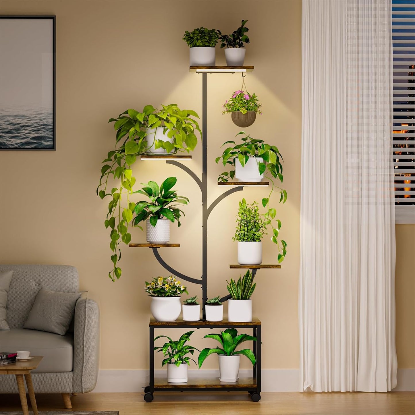Plant Stand with Grow Lights, 60" Tall 7-Tier Corner Plant Stand for Indoor Plants Multiple, Metal Tree-Shaped Display Rack for Home, Patio - Black