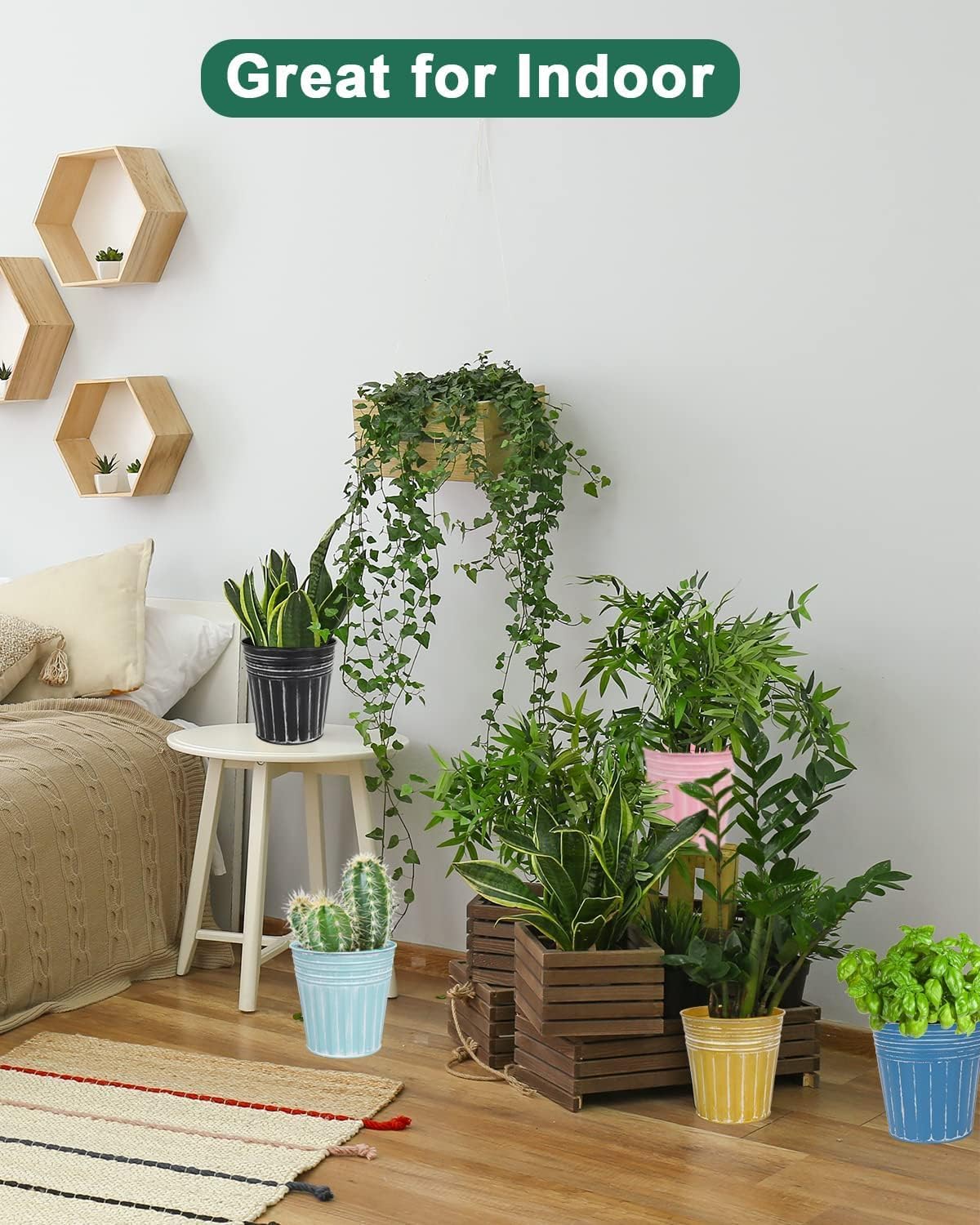 6 Inch Steel Blue Metal Rustic Flower Pots - 6Pcs Galvanized Planters with Drainage Hole and Rubber Plug, Rustproof Metal Bucket Plant Pots Farmhouse Vintage Style for Decor