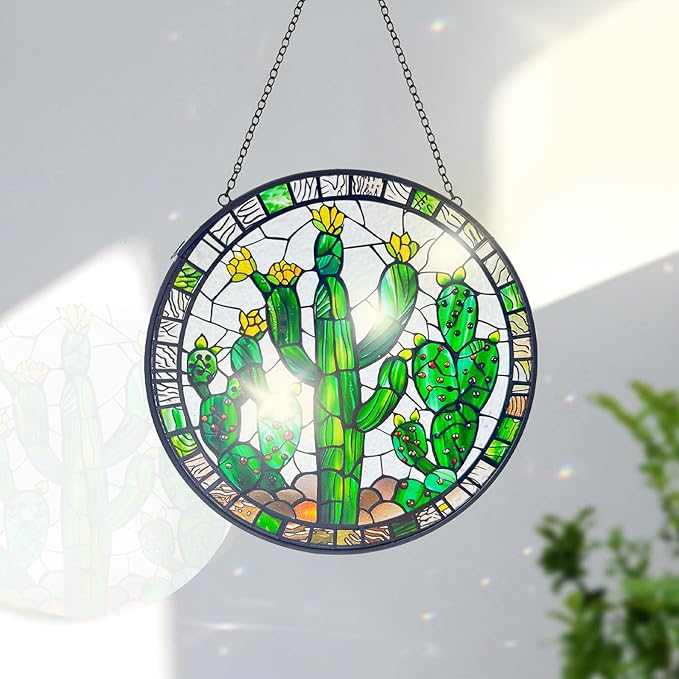 Cactus Decor Suncatcher Indoor/Outdoor Stained Glass Window Hanging - Handmade Stained Glass Suncatchers for Windows Hanging - Outdoor Garden Decor Gift for Women Christmas Thanksgiving Gifts