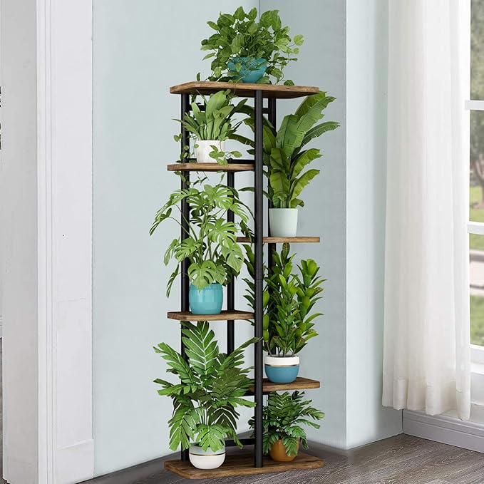LINZINAR Plant Stand 6 Tier 7 Plant Multiple Flower Rack Holder Shelves Rack Storage Organizer Display Indoor Planter for Balcony Bedroom Patio Garden Living Room, Black