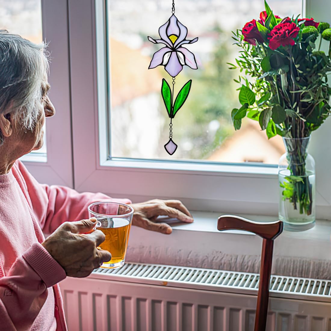Handmade Iris Flower Stained Glass Suncatcher - Colorful Window Hanging Decor for Home/Office/Church/Wedding - Unique Birthday Gift for Women, Mother's Day, for Mom Grandma