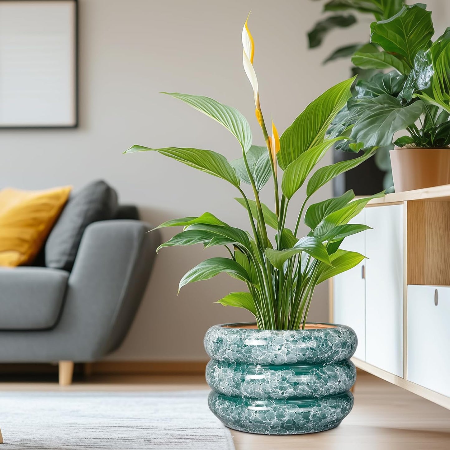 SQOWL Ceramic Planter for Indoor Plants 13.5 Inch - Large Plant Pot with Drainage Hole Outdoor Flower Pot Round Planter Decorative Plant Pot for Garden Bathroom Decor Green