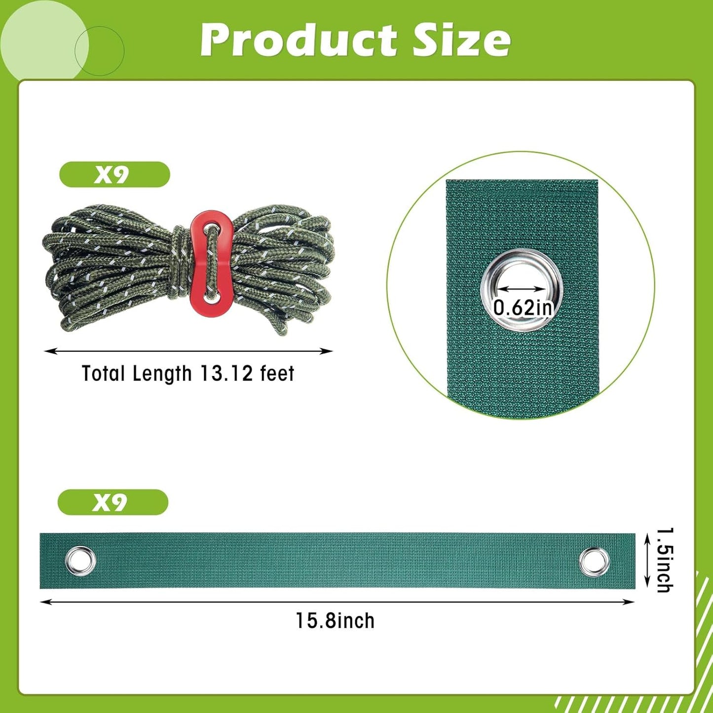 Sintuff 9 Set Heavy Duty Tree Stake Kit 15.75 Inches/ 40 cm Tree Straps for Staking and 13.12 ft/ 4 m Dock Lines Rope for Support Anchoring Home Leaning Plant Straightening Garden Tent(Green)