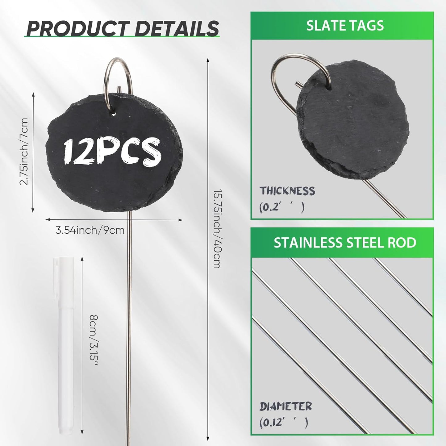 12 Sets Plant Labels Slate Plant Tags Garden Sign Marker Weatherproof Reusable Natural Slate Garden Sign Hanging Tag with Metal Stake and Pen for Outdoor Flower Vegetable(Oval)