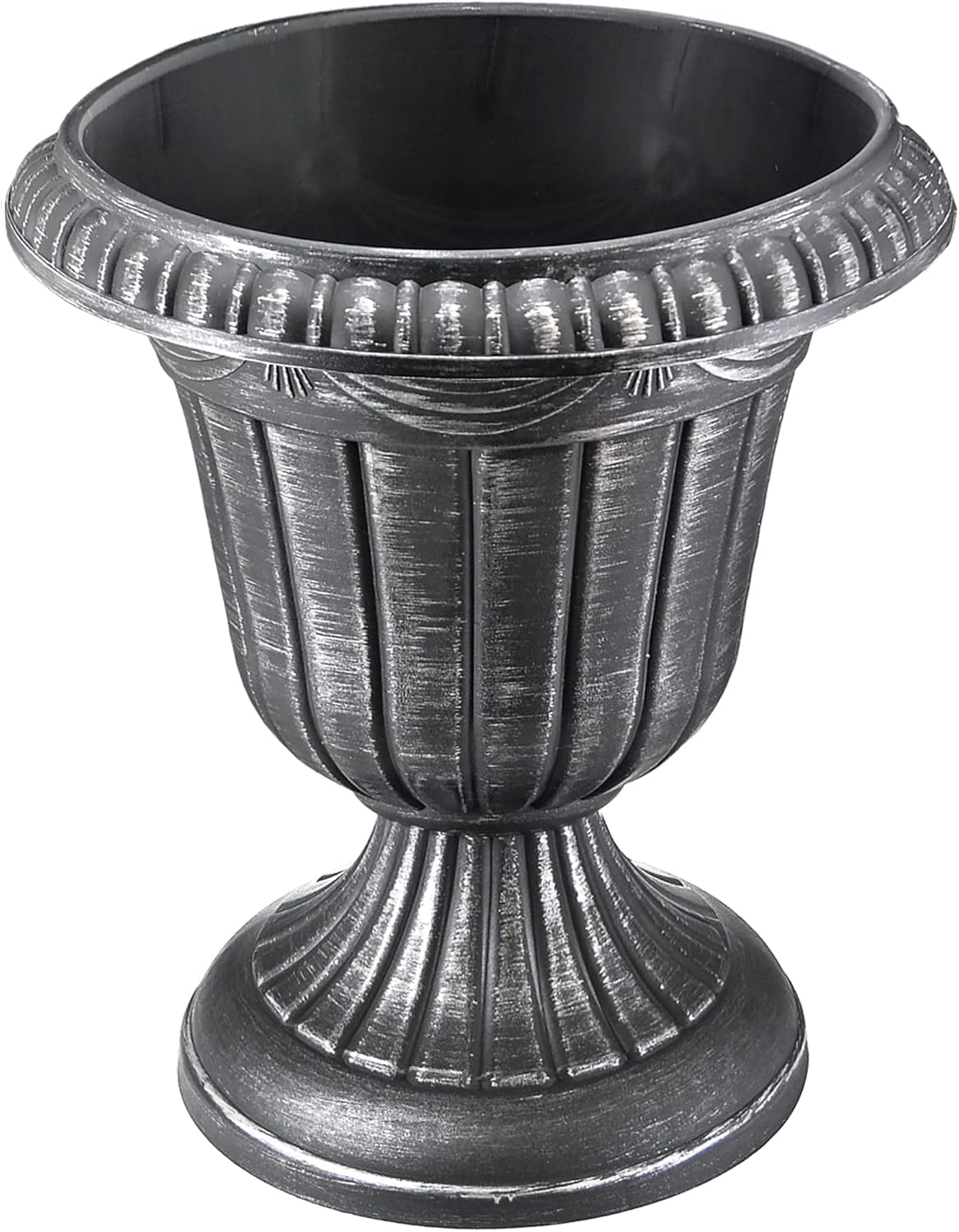 PL00SL Classic Traditional Plastic Urn Planter, Indoor/Outdoor Garden Plant Pot Garden Décor, 16” x 18”, Brushed Silver