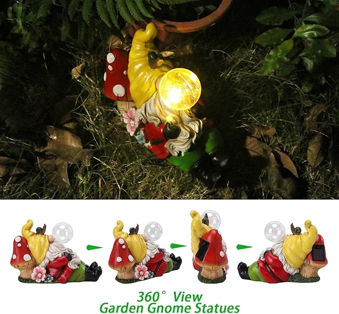 Garden Gnome Statue Outdoor Decor, Funny Gnome Figurine Lying on Mushroom with Crackle Globe Lights, Waterproof Resin Sculptures Lawn Ornament Tabletop Decorations for Porch Yard Decor
