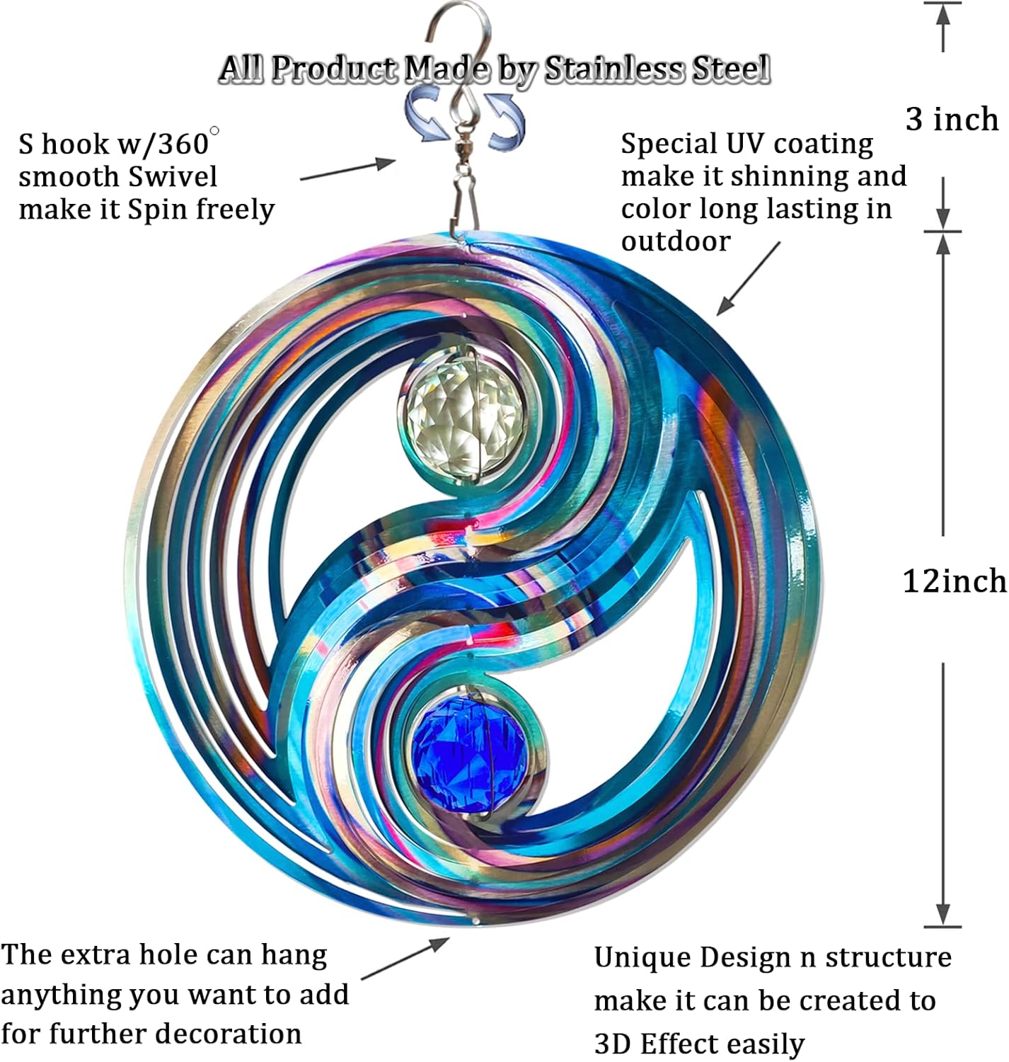 FONMY Mandala Wind Spinner w/Crystal Ball-Fengshui 3D Stainless Steel Hanging Spinners Worth Gift Christmas Decoration Indoor/Outdoor Garden Décor Kinetic Yard Art 12 Inches Wind Sculpture