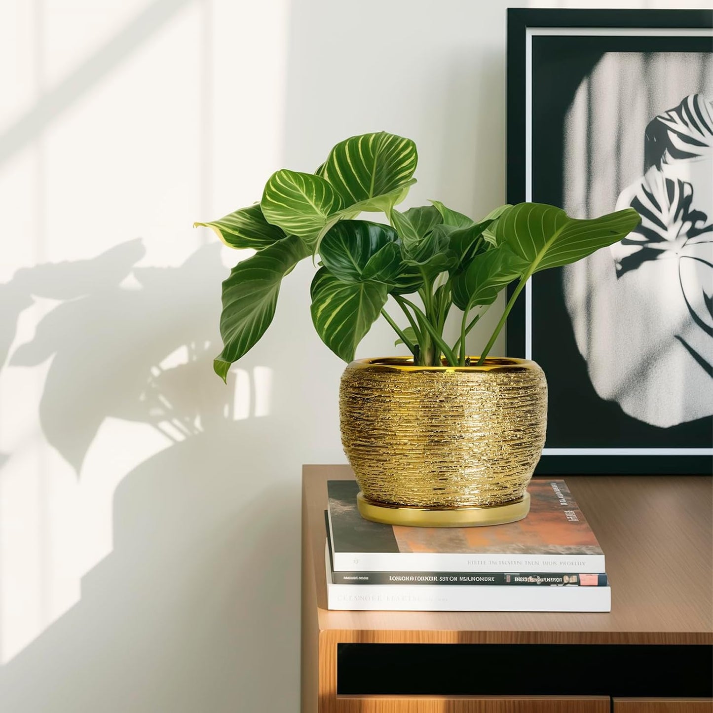 SQOWL Ceramic Planter - 6 Inch Plant Pot Indoor Outdoor, Modern Round Planter with Drainage Hole and Plant Saucer, Decorative Small Flower Pot, Home Decor, Birthday Gifts, Gold