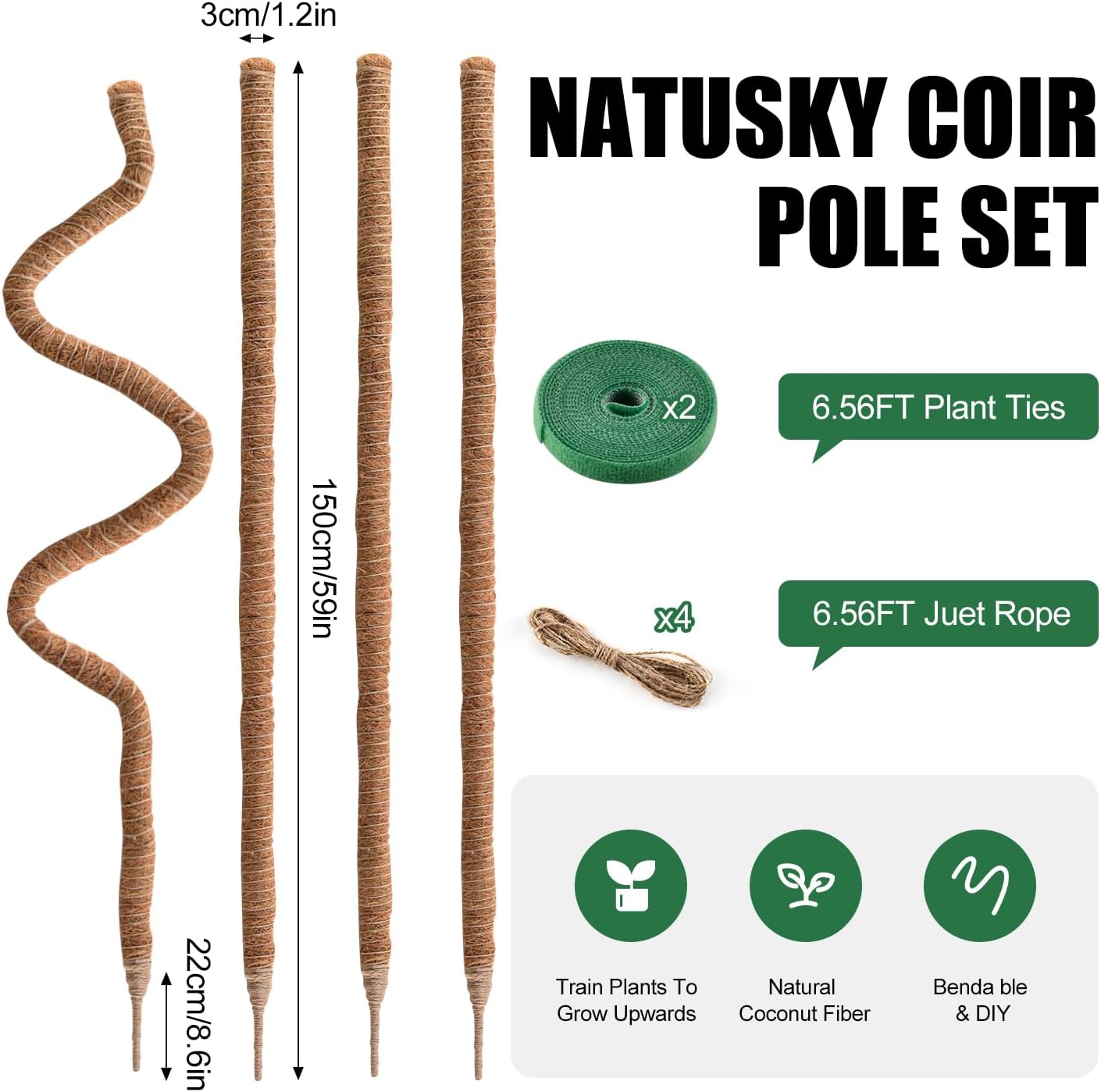 4 Pack Moss Pole 63 Inch Monstera Plant Support Moss Poles Bendable for Climbing Plants Longer Coco Coir Sticks Support Stakes Tall for Indoor Creeper DIY Shape Plants Grow Upwards