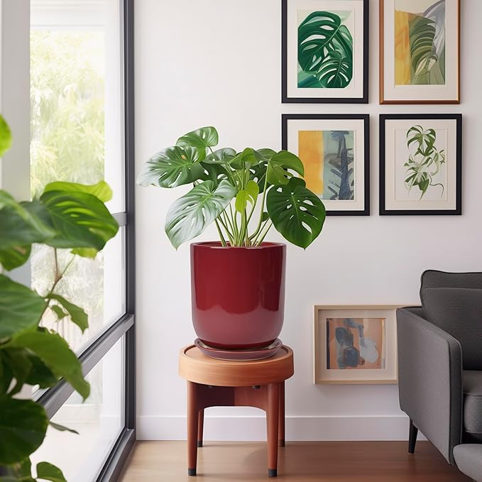 Ceramic Planter for Plants - 10 Inch Plant Pot Indoor with Drainage Hole and Saucer Modern Large Outdoor Planter Flower Pot for Home Decor Red