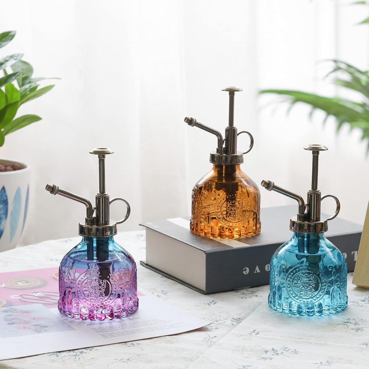 T4U Glass Plant Mister 200ML, Vintage Spray Bottle with Top Pump, Fine Mist Garden Flower Sprayer Small Decorative Spritzer Watering Can Gift for Indoor Outdoor Succulent House Plant (Aqua Blue)