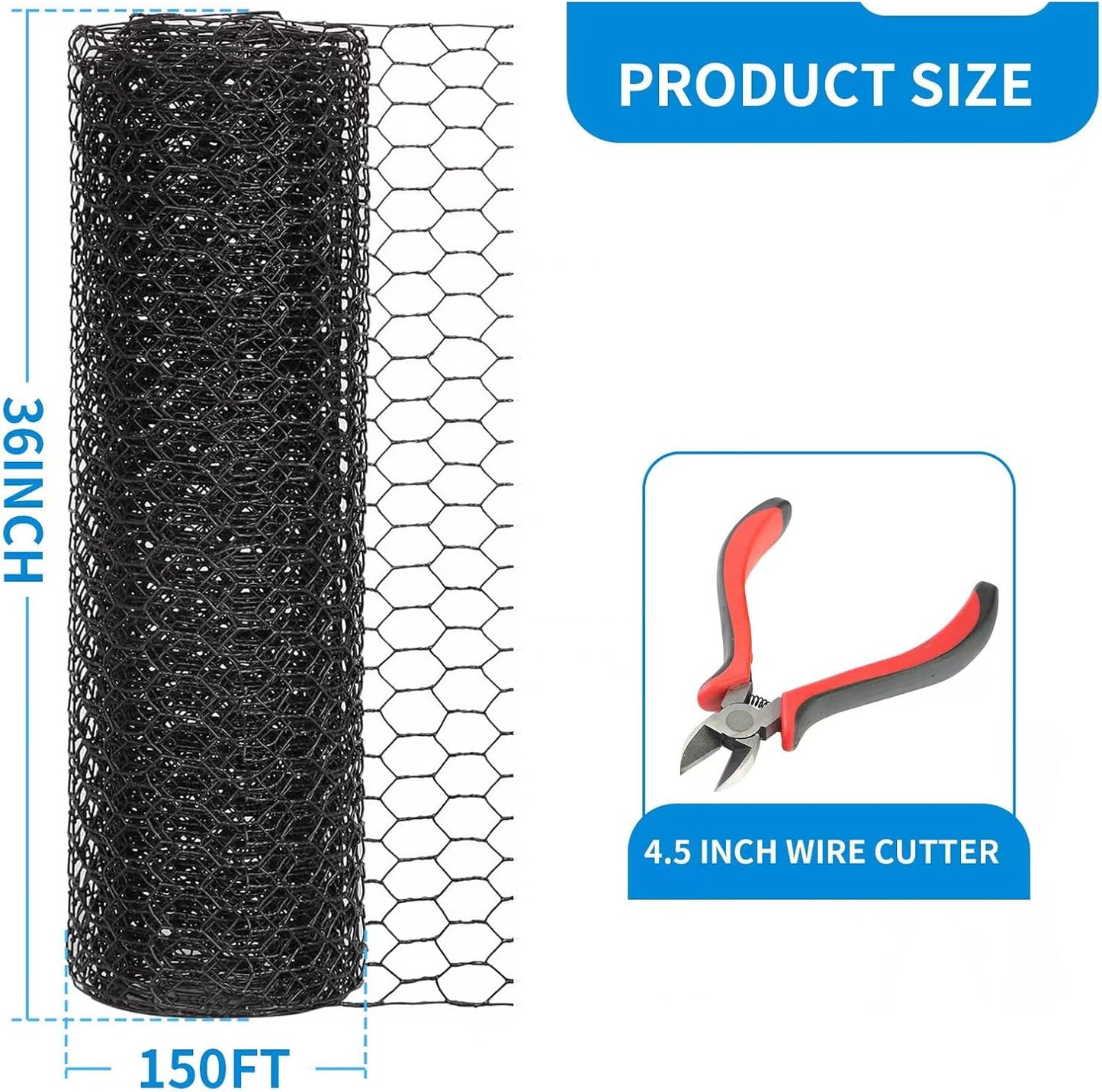 36'' x 150' Black Chicken Wire Mesh Fence, 20 Gauge Galvanized Poultry Netting and 1 inch Garden Mesh Fence Roll, Chicken Wire for Floral Arrangements/Crafts/Farm/Livestock/Pet Protection